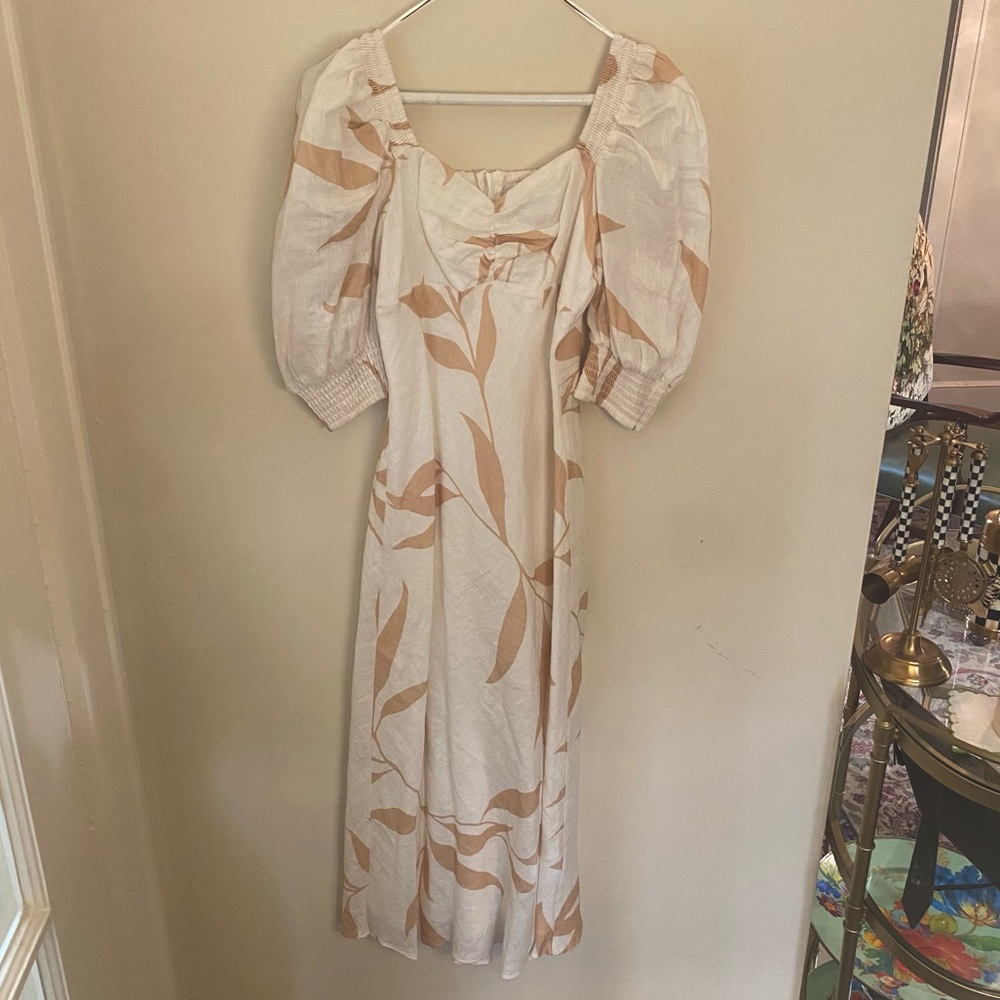 KEEPSAKE white dress, brown floral design, puff sleeves, sweetheart neck, size 4